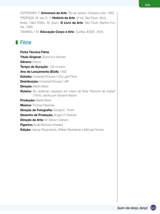 Arte

  OSTROWER, F. Universos da Arte. Rio de Janeiro: Campos Ltda, 1983.
  PROENÇA, M. das G. V. História da Arte. 4ª ed. São Paulo: Ática.
  Brasil, 1994 STAEL, M. (trad.). O Livro da Arte. São Paulo: Martins Fon-
  tes, 1999.
  TAVARES, I. M. Educação Corpo e Arte. Curitiba: IESDE, 2004.


z Filme
  Ficha Técnica Filme
  Título Original: Scent of a Woman
  Gênero: Drama
  Tempo de Duração: 156 minutos
  Ano de Lançamento (EUA): 1992
  Estúdio: Universal Pictures / City Light Films
  Distribuição: Universal Pictures / UIP
  Direção: Martin Brest
  Roteiro: Bo Goldman, baseado em roteiro do filme “Perfume de mulher”
           (1974), escrito por Giovanni Arpino
  Produção: Martin Brest
  Música: Thomas Newman
  Direção de Fotografia: Donald E. Thorin
  Desenho de Produção: Angelo P. Graham
  Direção de Arte: W, Steven Graham
  Figurino: Aude Bronson-Howard
  Edição: Harvey Rosenstock, William Steinkamp e Michael Tronick




                                                                             Quem não dança, dança! 321
 