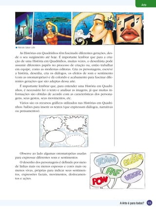 Arte




< Marcelo Galvan Leite

   As Histórias em Quadrinhos têm fascinado diferentes gerações, des-
de o seu surgimento até hoje. É importante lembrar que para a cria-
ção de uma História em Quadrinhos, muitas vezes, o desenhista pode
assumir diferentes papéis no processo de criação ou, então trabalhar
em equipe, como as modernas editoras. Cria os personagens, escreve
a história, desenha, cria os diálogos, os efeitos de som e sentimento
(com as onomatopéias) e dá colorido e acabamento para fascinar dife-
rentes gerações que são adeptas dessa arte.
   É importante lembrar que, para entender uma História em Quadri-
nhos, é necessário ler o texto e analisar as imagens, já que muitas in-
formações são obtidas de acordo com as características dos persona-
gens, seus gestos, seus movimentos, etc.
   Vários são os recursos gráficos utilizados nas Histórias em Quadri-
nhos: balões para inserir os textos (que expressam diálogos, narrativas
ou pensamentos).




    Observe ao lado algumas onomatopéias usadas
para expressar diferentes sons e sentimentos:
    O desenho dos personagens é definido por meio
de linhas mais ou menos espessas e cores mais ou
menos vivas, próprias para indicar seus sentimen-
tos, expressões faciais, movimentos, deslocamen-
tos e ações.




                                                                          A Arte é para todos?    93
 