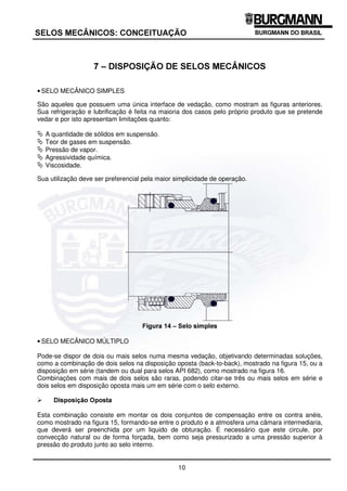 10
6(/26 0(Æ1,26 21(,78$d­2
 ± ',6326,d­2 '( 6(/26 0(Æ1,26
• SELO MECÂNICO SIMPLES
São aqueles que possuem uma única interface de vedação, como mostram as figuras anteriores.
Sua refrigeração e lubrificação é feita na maioria dos casos pelo próprio produto que se pretende
vedar e por isto apresentam limitações quanto:
ª A quantidade de sólidos em suspensão.
ª Teor de gases em suspensão.
ª Pressão de vapor.
ª Agressividade química.
ª Viscosidade.
Sua utilização deve ser preferencial pela maior simplicidade de operação.
)LJXUD  ± 6HOR VLPSOHV
• SELO MECÂNICO MÚLTIPLO
Pode-se dispor de dois ou mais selos numa mesma vedação, objetivando determinadas soluções,
como a combinação de dois selos na disposição oposta (back-to-back), mostrado na figura 15, ou a
disposição em série (tandem ou dual para selos API 682), como mostrado na figura 16.
Combinações com mais de dois selos são raras, podendo citar-se três ou mais selos em série e
dois selos em disposição oposta mais um em série com o selo externo.
¾ 'LVSRVLomR 2SRVWD
Esta combinação consiste em montar os dois conjuntos de compensação entre os contra anéis,
como mostrado na figura 15, formando-se entre o produto e a atmosfera uma câmara intermediaria,
que deverá ser preenchida por um liquido de obturação. É necessário que este circule, por
convecção natural ou de forma forçada, bem como seja pressurizado a uma pressão superior à
pressão do produto junto ao selo interno.
 