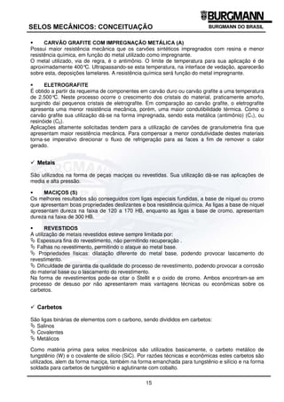 14
6(/26 0(Æ1,26 21(,78$d­2
)LJXUD  ± ODVVLILFDomR GH PDWHULDLV GHVOL]DQWHV FRQIRUPH QRUPD (1 
9 DUY}HV 6LQWpWLFRV
São obtidos a partir de coque, grafite, antracite e aglutinantes como piche ou resina sintética.
Corpos compactados desta mistura são sinterizados a uma temperatura de 1.300°C. Neste
processo a coqueficação do aglutinante provoca porosidade na ordem de 10 a 30%, que por
reimpregnação é reduzida para 1 a 2%. Pela proporção dos componentes básicos são
diferenciados os seguintes tipos:
o Carvão duro (100% de carbono, 0% de grafite)
o Carvão grafite (40 a 60% de carbono, 60 a 40% de grafite)
ƒ $59­2 *5$),7( 20 ,035(*1$d­2 '( 5(6,1$ % 