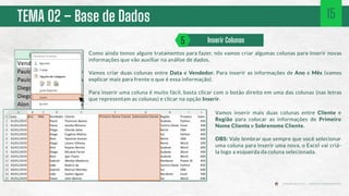 TEMA 02 – Base de Dados
Como ainda temos alguns tratamentos para fazer, nós vamos criar algumas colunas para inserir novas
informações que vão auxiliar na análise de dados.
Vamos criar duas colunas entre Data e Vendedor. Para inserir as informações de Ano e Mês (vamos
explicar mais para frente o que é essa informação).
Para inserir uma coluna é muito fácil, basta clicar com o botão direito em uma das colunas (nas letras
que representam as colunas) e clicar na opção Inserir.
Vamos inserir mais duas colunas entre Cliente e
Região para colocar as informações de Primeiro
Nome Cliente e Sobrenome Cliente.
OBS: Vale lembrar que sempre que você selecionar
uma coluna para inserir uma nova, o Excel vai criá-
la logo a esquerda da coluna selecionada.
15
Inserir Colunas
5
 