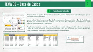 TEMA 02 – Base de Dados
Para finalizar os ajustes da nossa base de dados, vamos formatar os cabeçalhos para que a
visualização fique mais fácil.
Vamos utilizar duas ferramentas Cor do Preenchimento (balde de tinta) e Cor da Fonte (letra
A), com isso podemos alterar o fundo e a cor do texto dos cabeçalhos, assim fica mais fácil
identificar o conteúdo de cada coluna.
Para finalizar e deixar a planilha mais “limpa”, você pode ir até a guia Exibir e desmarcar a caixa
Linhas de Grade, assim vai tirar as divisórias em cinza que aparecem por padrão dentro do
Excel. Isso vai dar um aspecto mais limpo para sua base de dados.
Formatando o Cabeçalho
8
21
 