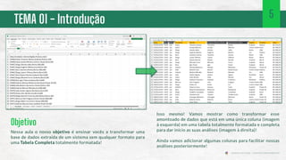 TEMA 01 - Introdução 5
Nessa aula o nosso objetivo é ensinar vocês a transformar uma
base de dados extraída de um sistema sem qualquer formato para
uma Tabela Completa totalmente formatada!
Objetivo
Isso mesmo! Vamos mostrar como transformar esse
amontoado de dados que está em uma única coluna (imagem
à esquerda) em uma tabela totalmente formatada e completa
para dar início as suas análises (imagem à direita)!
Ainda vamos adicionar algumas colunas para facilitar nossas
análises posteriormente!
 