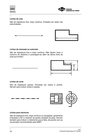Espírito Santo
_________________________________________________________________________________________________
__

Linhas de cota
São de espessura fina, traço contínuo, limitadas por setas nas
extremidades.




Linhas de chamada ou extensão
São de espessura fina e traço contínuo. Não devem tocar o
contorno do desenho e prolongam-se além da última linha de
cota que limitam.




Linhas de corte
São de espessuar grossa, formadas por traços e pontos.
Servem para indicar cortes e seções.




Linhas para hachuras
São de espessura fina, traço contínuo ou tracejadas, geralmente
inclinadas a 45º e mostram as partes cortadas da peça. Servem
também para indicar o material de que é feita, de acordo com as
convenções recomendadas pela ABNT.

_________________________________________________________________________________________________
__
                                                                                               CST
16                                                                 Companhia Siderúrgica de Tubarão
 