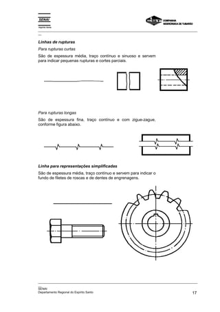 Espírito Santo
_________________________________________________________________________________________________
__

Linhas de rupturas
Para rupturas curtas
São de espessura média, traço contínuo e sinuoso e servem
para indicar pequenas rupturas e cortes parciais.




Para rupturas longas
São de espessura fina, traço contínuo e com zigue-zague,
conforme figura abaixo.




Linha para representações simplificadas
São de espessura média, traço contínuo e servem para indicar o
fundo de filetes de roscas e de dentes de engrenagens.




_________________________________________________________________________________________________
__
SENAI
Departamento Regional do Espírito Santo                                                       17
 