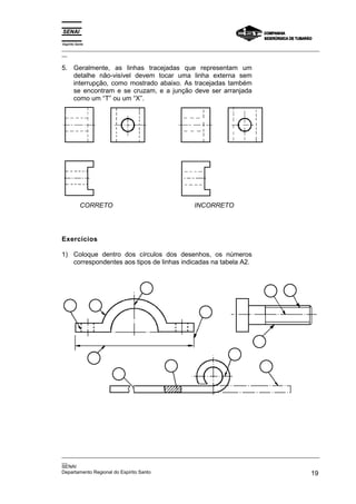 Espírito Santo
_________________________________________________________________________________________________
__

5. Geralmente, as linhas tracejadas que representam um
   detalhe não-visível devem tocar uma linha externa sem
   interrupção, como mostrado abaixo. As tracejadas também
   se encontram e se cruzam, e a junção deve ser arranjada
   como um “T” ou um “X”.




           CORRETO                               INCORRETO




Exercícios

1) Coloque dentro dos círculos dos desenhos, os números
   correspondentes aos tipos de linhas indicadas na tabela A2.




_________________________________________________________________________________________________
__
SENAI
Departamento Regional do Espírito Santo                                                       19
 