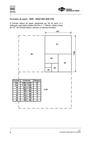Espírito Santo
_________________________________________________________________________________________________
__

Formatos de papel - NBR - 5984/1980 (DIN 476)

O formato básico do papel, designado por A0 (A zero), é o
retângulo cujos lados medem 841mm e 1.189mm, tendo a área
      2
de 1m . Do formato básico, derivam os demais formatos.




_________________________________________________________________________________________________
__
                                                                                               CST
8                                                                  Companhia Siderúrgica de Tubarão
 