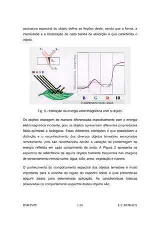 assinatura espectral do objeto define as feições deste, sendo que a forma, a
intensidade e a localização de cada banda de absorção é que caracteriza o
objeto.




      IR R G B




                                          B       G       R      IR
                                         COMPRIMENTO DE ONDA


           Fig. 5 - Interação da energia eletromagnética com o objeto.

Os objetos interagem de maneira diferenciada espectralmente com a energia
eletromagnética incidente, pois os objetos apresentam diferentes propriedades
físico-químicas e biológicas. Estas diferentes interações é que possibilitam a
distinção e o reconhecimento dos diversos objetos terrestres sensoriados
remotamente, pois são reconhecidos devido a variação da porcentagem de
energia refletida em cada comprimento de onda. A Figura 2 apresenta os
espectros de reflectância de alguns objetos bastante freqüentes nas imagens
de sensoriamento remoto como, água, solo, areia, vegetação e nuvens.

O conhecimento do comportamento espectral dos objetos terrestres é muito
importante para a escolha da região do espectro sobre a qual pretende-se
adquirir dados para determinada aplicação. As características básicas
observadas no comportamento espectral destes objetos são:




DSR/INPE                              1-16                        E.C.MORAES
 