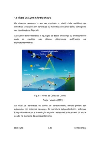 1.6 NÍVEIS DE AQUISIÇÃO DE DADOS

Os sistemas sensores podem ser mantidos no nível orbital (satélites) ou
suborbital (acoplados em aeronaves ou mantidos ao nível do solo), como pode
ser visualizado na Figura 6.

Ao nível do solo é realizada a aquisição de dados em campo ou em laboratório
onde    as     medidas      são          obtidas        utilizando-se    radiômetros   ou
espectroradiômetros.



                                  Níveis de Coleta de dados
                                  Satélites




                         Balões


                                                                  Solo

           Aeronave




                                                Barco
                            Bóias



                       Fig. 6 – Níveis de Coleta de Dados

                                      Fonte : Moreira (2001)

Ao nível de aeronaves os dados de sensoriamento remoto podem ser
adquiridos por sistemas sensores de varredura óptico-eletrônico, sistemas
fotográficos ou radar, e a resolução espacial destes dados dependerá da altura
do vôo no momento do aerolevantamento.




DSR/INPE                                      1-21                           E.C.MORAES
 