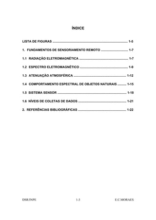 ÍNDICE


LISTA DE FIGURAS ...................................................................................... 1-5

1. FUNDAMENTOS DE SENSORIAMENTO REMOTO ............................... 1-7

1.1 RADIAÇÃO ELETROMAGNÉTICA ........................................................ 1-7

1.2 ESPECTRO ELETROMAGNÉTICO ....................................................... 1-9

1.3 ATENUAÇÃO ATMOSFÉRICA ............................................................ 1-12

1.4 COMPORTAMENTO ESPECTRAL DE OBJETOS NATURAIS .......... 1-15

1.5 SISTEMA SENSOR ............................................................................... 1-18

1.6 NÍVEIS DE COLETAS DE DADOS ....................................................... 1-21

2. REFERÊNCIAS BIBLIOGRÁFICAS ....................................................... 1-22




DSR/INPE                                           1-3                                   E.C.MORAES
 