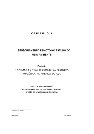 CAPÍTULO 3




             SENSORIAMENTO REMOTO NO ESTUDO DO
                                MEIO AMBIENTE



                                      Parte A:
        P A N A M A Z Ô N I A : O DOMÍNIO DA FLORESTA
                      AMAZÔNICA NA AMÉRICA DO SUL




                               PAULO ROBERTO MARTINI1
                    INSTITUTO NACIONAL DE PESQUISAS ESPACIAIS
                           DIVISÃO DE SENSORIAMENTO REMOTO




1
    martini@ltid.inpe.br


DSR/INPE                                                        P.R. Martini
 