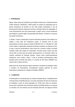 1. INTRODUÇÃO

Alguns meses antes da Conferência das Nações Unidas para o Desenvolvimento
e Meio Ambiente, UNCED-92, o INPE propôs um projeto de cooperação para os
países amazônicos da América do Sul. Este projeto contemplava o uso de
Sensoriamento Remoto orbital para monitorar a floresta tropical da megaregião. O
nome Panamazônia como ficou denominado o projeto, serviu e serve atualmente
para designar a grande região compreendida pela floresta no Brasil e no conjunto
dos países amazônicos.

A Tabela 1 mostra a distribuição do domínio florestal amazônico não brasileiro em
relação a área total dos respectivos países. O tamanho final da área
panamazônica incluindo aquela do Brasil (5.082.539 km2) é 7.702.264 km2. Este
número define a distribuição ambiental da floresta amazônica na América do Sul,
ou seja, o Domínio Panamazônico. Este número foi o primeiro e talvez o principal
resultado obtido pelo projeto de cooperação. Principal porque mostra que pelo
menos 58% da área total dos países panamazônicos se encontram dentro do
contexto ambiental de florestas tropicais. Somos todos predominantemente
amazônicos como mostra a figura 1 onde as fronteiras panamazônicas estão
traçadas sobre as bordas dos países e o conjunto de 345 cenas LANDSAT que
cobrem todo o extenso domínio.

Neste texto são serão descritos alguns elementos marcantes da paisagem nativa
e antrópica da Panamazônia, principalmente aqueles passíveis de serem
observados e analisados em imagens do Satélite LANDSAT.


2. FLORESTAS

A Panamazônia é conhecida pela sua cobertura florestal densa. Verdadeiramente
a floresta densa (ombrófila-densa) é uma parte importante dos tipos de coberturas
ali instaladas a partir da última glaciação há 12.000 anos antes do presente.
Outros tipos importantes são as florestas abertas (ombrófila aberta) e as savanas
ou cerrados com uma extensa zona de transição entre elas. Os degraus andinos


DSR/INPE                              3A-9                             P.R.Martini
 