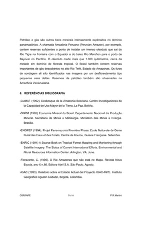 Petróleo e gás são outros bens minerais intensamente explorados no domínio
panamazônico. A chamada Amazônia Peruana (Peruvian Amazon), por exemplo,
contem reservas suficientes a ponto de instalar um imenso oleoduto que sai do
Rio Tigre na fronteira com o Equador e do baixo Rio Maroñon para o porto de
Bayovar no Pacífico. O oleoduto mede mais que 1.300 quilômetros, cerca da
metade em domínio de floresta tropical. O Brasil também contem reservas
importantes de gás descobertos no alto Rio Tefé, Estado do Amazonas. Os furos
de sondagem ali são identificados nas imagens por um desflorestamento tipo
pequenas asas deltas. Reservas de petróleo também são observadas na
Amazônia Venezuelana.


6. REFERÊNCIAS BIBLIOGRAFIA

-CUMAT (1992). Desbosque de la Amazonia Boliviana. Centro Investigaciones de
   la Capacidad de Uso Mayor de la Tierra. La Paz, Bolivia.

-DNPM (1995) Economia Mineral do Brasil. Departamento Nacional da Produção
   Mineral. Secretaria de Minas e Metalurgia. Ministério das Minas e Energia.
   Brasilia.

-ENGREF (1994). Projet Panamazonia Première Phase. Ecole Nationale de Genie
   Rural des Eaux et des Forets, Centre de Kourou, Guiane Française. Setembre.

-ENRIC (1994) A Source Book on Tropical Forest Mapping and Monitoring through
   Satellite Imagery: The Status of Current International Efforts. Environmental and
   Ntural Resources Information Center. Arlington, VA. June.

-Fioravante, C. (1995). O Rio Amazonas que não está no Mapa. Revista Nova
   Escola, ano X n.86. Editora Abril S.A. São Paulo. Agosto.

-IGAC (1993). Relatorio sobre el Estado Actual del Proyecto IGAC-INPE. Instituto
   Geográfico Agustin Codazzi, Bogotá, Colombia.




DSR/INPE                               3A-16                              P.R.Martini
 