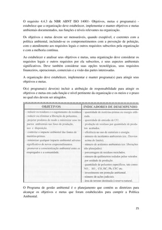 25
O requisito 4.4.3 da NBR ABNT ISO 14001- Objetivos, metas e programa(s) -
estabelece que a organização deve estabelecer, implementar e manter objetivos e metas
ambientais documentados, nas funções e níveis relevantes na organização.
Os objetivos e metas devem ser mensuráveis, quando exeqüível, e coerentes com a
política ambiental, incluindo-se os comprometimentos com a prevenção de poluição,
com o atendimento aos requisitos legais e outros requisitos subscritos pela organização
e com a melhoria contínua.
Ao estabelecer e analisar seus objetivos e metas, uma organização deve considerar os
requisitos legais e outros requisitos por ela subscritos, e seus aspectos ambientais
significativos. Deve também considerar suas opções tecnológicas, seus requisitos
financeiros, operacionais, comerciais e a visão das partes interessadas.
A organização deve estabelecer, implementar e manter programa(s) para atingir seus
objetivos e metas.
O(s) programa(s) deve(m) incluir a atribuição de responsabilidade para atingir os
objetivos e metas em cada função e nível pertinente da organização e os meios e o prazo
no qual eles devem ser atingidos.
O Programa de gestão ambiental é o planejamento que contém as diretrizes para
alcançar os objetivos e metas que foram estabelecidos para cumprir a Política
Ambiental.
 