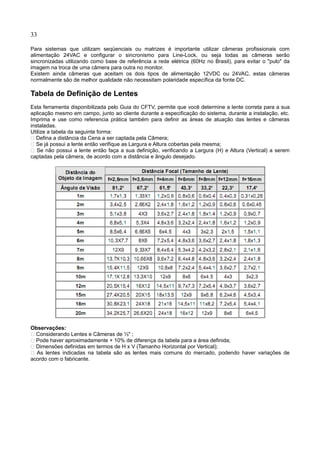 33
Para sistemas que utilizam seqüenciais ou matrizes é importante utilizar câmeras profissionais com
alimentação 24VAC e configurar o sincronismo para Line-Lock, ou seja todas as câmeras serão
sincronizadas utilizando como base de referência a rede elétrica (60Hz no Brasil), para evitar o "pulo" da
imagem na troca de uma câmera para outra no monitor.
Existem ainda câmeras que aceitam os dois tipos de alimentação 12VDC ou 24VAC, estas câmeras
normalmente são de melhor qualidade não necessitam polaridade específica da fonte DC.
Tabela de Definição de Lentes
Esta ferramenta disponibilizada pelo Guia do CFTV, permite que você determine a lente correta para a sua
aplicação mesmo em campo, junto ao cliente durante a especificação do sistema, durante a instalação, etc.
Imprima e use como referencia prática também para definir as áreas de atuação das lentes e câmeras
instaladas.
Utilize a tabela da seguinte forma:
 Defina a distância da Cena a ser captada pela Câmera;
 Se já possui a lente então verifique as Largura e Altura cobertas pela mesma;
 Se não possui a lente então faça a sua definição, verificando a Largura (H) e Altura (Vertical) a serem
captadas pela câmera, de acordo com a distância e ângulo desejado.
Observações:
 Considerando Lentes e Câmeras de ⅓" ;
 Pode haver aproximadamente + 10% de diferença da tabela para a área definida;
 Dimensões definidas em termos de H x V (Tamanho Horizontal por Vertical);
 As lentes indicadas na tabela são as lentes mais comuns do mercado, podendo haver variações de
acordo com o fabricante.
 
