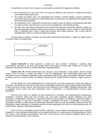EJA FÁCIL
O sujeito ético ou moral, isto é, a pessoa, só pode existir se preencher as seguintes condições:
• Ser consciente de si e dos outros, isto é, ser capaz de reflexão e de reconhecer a existência dos outros
como sujeitos éticos iguais a ele;
• Ser dotado de vontade, isto é, de capacidade para controlar e orientar desejos, impulsos, tendências,
sentimentos (para que estejam em conformidade com a consciência) e de capacidade para deliberar entre
várias alternativas possíveis;
• Ser responsável, isto é, reconhecer-se como autor da ação, avaliar os efeitos e conseqüências dela sobre
si e sobre os outros, assumi-la bem como as suas conseqüências, respondendo por elas;
• Ser livre, isto é, ser capaz de oferecer-se como causa interna de seus sentimentos, atitudes e ações, por
não estar submetido a poderes externos que o forcem e o constranjam a sentir, a querer e a fazer alguma
coisa. A liberdade não é tanto o poder para escolher entre várias possíveis, mas o poder para se
autodeterminar, dando a si mesmo as regras de conduta.
O campo ético é, portanto, constituído por dois pólos internamente relacionados: o agente ou sujeito moral e
os valores morais ou virtudes éticas.
Sujeito Passivo se deixa governar e arrastar por seus impulsos, inclinações e paixões, pelas
circunstâncias, pela boa ou má sorte, pela opinião alheia, pelo medo dos outros, pela vontade de um outro, não
exercendo sua própria consciência, vontade, liberdade e responsabilidade.
Sujeito Ativo  controla interiormente seus impulsos, suas inclinações e suas paixões, discute consigo
mesmo e com os outros o sentido dos valores e dos fins estabelecidos, tem consideração pelos outros sem
subordinar-se nem se submeter cegamente a eles, respondendo pelo que faz, julga suas próprias intenções e recusa
a violência contra si e contra os outros. É autônomo. Aquele que tem o poder de dar a si mesmo a regra, a norma, a
lei.
O maior desafio do mundo contemporâneo é a construção de uma ordem social justa no plano das nações. É
necessário criar estruturas novas de tal modo que as necessidades básicas dos seres humanos sejam preenchidas,
ou seja, que sirvam ao bem humano. Uma nova ética se faz imperiosa no novo milênio. Relações harmoniosas, onde
as questões comuns sejam mais bem observadas, onde a cooperação e a interdependência humanas sejam
respeitadas.
Até bem pouco tempo os tratados de ética limitavam-se à microétiva, aos comportamentos interpessoais,
analisando a estrutura interior dos atos humanos que, para serem imputados, deviam realizar-se com plena
consciência, conhecimento e liberdade. A macroética avalia com igual ênfase e importância a dimensão pública e
comunitária da ação. É certo que a educação, a saúde, a distribuição dos bens, a propriedade, a economia, a
promoção da família e a ordem social da comunidade dependem cada vez mais das decisões coletivas do que das
orientações e ações individuais. A macroética decorre da atual organização do mundo em macro-estruturas que, em
muitos setores, alcançam dimensões planetárias.
Entre a micro e a macroética não há conflitos irredutíveis. Tanto a filosofia contemporânea como a clássica
englobam em suas premissas fundamentais os dois aspectos da ética. Em nosso século a fenomenologia não trata o
ser humano como indivíduo auto-suficiente, mas trata o ser-no-mundo, como estrutura ontológica aberta que se
realiza com os semelhantes e com a natureza.
- 15 -
passividade
Sujeito Moral/Agente
atividade
 