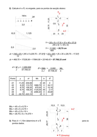 2) Calcule σ e , no engaste, para os pontos da secção abaixo:
σ = M .y = 1.050.000
J 57.708,33
= QMs = 5.000 . Ms
b J 57.708,33 b
5
7
7
23,2326,77
7
1
2
4
_
Y (Simetria)
Z
_
Z
76
7
3
3
6
8
7
10,5 7 10,5
1tf/m
2tf
3,0
10,5
5,0
2,0
1,125
355
1
2
4 3
Y
Z
_
_CG
5
6
5 2020
,2528,7511
Z
Y = (35 x 5 x 17,5) + (5 x 45 x 37,5)
(45 x 5) + ( 35 x 5)
Y = 11.500 = 28,75 cm
400
Jz = {(45 x 5³) + [45 x 5 x(28,75 – 37,5)²]} + {(5 x 35³) + [5 x 35 x (28,75 – 17,5)²}
12 12
Jz = 468,75 + 17226,56 + 17864,58 + 22148,43 = 57.708,33 cm4
Ponto y σ Ms b
01
02
03
04
05
06
11,25
6,25
8,75
8,75
0
- 28,75
204,69
113,72
159,20
159,20
0
-523,10
0
1968,75
875,00
1125,00
2066,40
0
45
5
5
45
5
5
0
34,11
15,16
2,17
35,80
0
Ms2 = 45 x 5 x 8,75 =
Ms3 = 20 x 5 x 8,75 =
Ms4 = 45 x 2,5 x 10 =
Ms5 = 28,75 x 5 x 14,375 =
3) Para X = 1,15m determine σ e para os
pontos dados.
 
