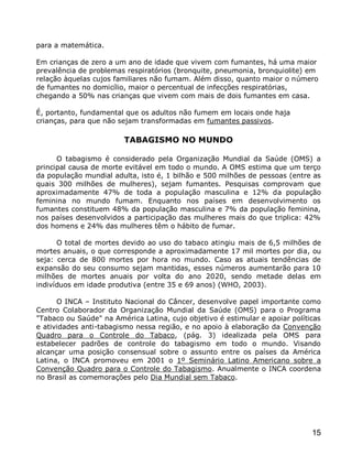 para a matemática.

Em crianças de zero a um ano de idade que vivem com fumantes, há uma maior
prevalência de problemas respiratórios (bronquite, pneumonia, bronquiolite) em
relação àquelas cujos familiares não fumam. Além disso, quanto maior o número
de fumantes no domicílio, maior o percentual de infecções respiratórias,
chegando a 50% nas crianças que vivem com mais de dois fumantes em casa.

É, portanto, fundamental que os adultos não fumem em locais onde haja
crianças, para que não sejam transformadas em fumantes passivos.

                         TABAGISMO NO MUNDO

      O tabagismo é considerado pela Organização Mundial da Saúde (OMS) a
principal causa de morte evitável em todo o mundo. A OMS estima que um terço
da população mundial adulta, isto é, 1 bilhão e 500 milhões de pessoas (entre as
quais 300 milhões de mulheres), sejam fumantes. Pesquisas comprovam que
aproximadamente 47% de toda a população masculina e 12% da população
feminina no mundo fumam. Enquanto nos países em desenvolvimento os
fumantes constituem 48% da população masculina e 7% da população feminina,
nos países desenvolvidos a participação das mulheres mais do que triplica: 42%
dos homens e 24% das mulheres têm o hábito de fumar.

      O total de mortes devido ao uso do tabaco atingiu mais de 6,5 milhões de
mortes anuais, o que corresponde a aproximadamente 17 mil mortes por dia, ou
seja: cerca de 800 mortes por hora no mundo. Caso as atuais tendências de
expansão do seu consumo sejam mantidas, esses números aumentarão para 10
milhões de mortes anuais por volta do ano 2020, sendo metade delas em
indivíduos em idade produtiva (entre 35 e 69 anos) (WHO, 2003).

      O INCA – Instituto Nacional do Câncer, desenvolve papel importante como
Centro Colaborador da Organização Mundial da Saúde (OMS) para o Programa
"Tabaco ou Saúde" na América Latina, cujo objetivo é estimular e apoiar políticas
e atividades anti-tabagismo nessa região, e no apoio à elaboração da Convenção
Quadro para o Controle do Tabaco, (pág. 3) idealizada pela OMS para
estabelecer padrões de controle do tabagismo em todo o mundo. Visando
alcançar uma posição consensual sobre o assunto entre os países da América
Latina, o INCA promoveu em 2001 o 1º Seminário Latino Americano sobre a
Convenção Quadro para o Controle do Tabagismo. Anualmente o INCA coordena
no Brasil as comemorações pelo Dia Mundial sem Tabaco.




                                                                              15
 