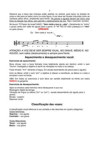 9
Observe que a boca das crianças estão abertas na vertical, para baixo na direção do
corpo e não para os lados como na outra figura. A voz deve ser focada (induzida) como se
cantasse pelos olhos, projetando para frente. Os graves e agudos devem ser como uma
linha na direção dos olhos, sem permitir o deslocamento da voz. Veja o exemplo: (errado)
No louvor “Ó Pastor de Israel”(4442): “Vem visita a tua vi – nha”...Geralmente no “vinha”
o grupo canta com salto do agudo para o grave. O “vi” fica no rosto (cabeça) e o “nha”
no peito (tórax). ERRADO
Ex: “Vem visita a tua vi -
nha”...
ATENÇÃO: A VOZ DEVE SER SEMPRE IGUAL, NO GRAVE, MÉDIO E NO
AGUDO, sem saltos (deslocamento) e sempre para frente.
Aquecimento e desaquecimento vocal:
Exercícios de aquecimento:
Boca chiusa: com a boca fechada (mas totalmente aberta por dentro), emitir o som
“Humm” mastigado,o objetivo é sentir as vibrações no rosto e na cabeça.
Fazer trinado: “trrrr” vibrando a língua. Em escala ascendente (do grave para o agudo).
Com os lábios: emitir o som “prrr” o objetivo é relaxar a mandíbula, os lábios e o rosto e
encaixar o som na frente.
OBS: Em todos os exercícios o som deve ser sentido totalmente na frente (no rosto)
NUNCA na garganta.
Exercícios de desaquecimento:
Após os ensaios cada indivíduo deve desaquecer a sua voz:
Massagem digital da laringe;
Vibração de língua ou lábios (“trrr” ou “prrr”) - escala descendente (do agudo para o
grave).
Bocejo - suspiro;
Repouso vocal.
Classificação das vozes:
A classificação vocal refere-se à voz cantada e são descritas em quatro categorias:
Vozes femininas:
Soprano – voz aguda
Contralto – voz grave
Vozes Masculinas:
Tenor – voz aguda
Baixo – voz grave
 