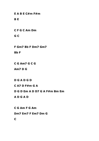 E A B E C#m F#m 
B E 
C F G C Am Dm 
G C 
F Gm7 Bb F Dm7 Gm7 
Bb F 
C G Am7 G C G 
Am7 D G 
D G A D G D 
C A7 D F#m G A 
D G D Em A D D7 G A F#m Bm Em 
A D G A D 
C G Am F G Am 
Dm7 Em7 F Em7 Dm G 
C 
 
