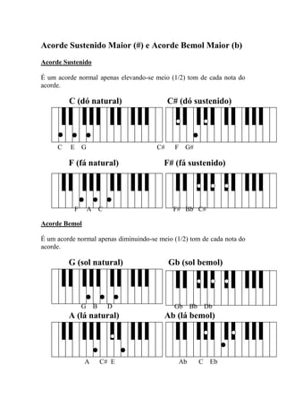 Acorde Sustenido Maior (#) e Acorde Bemol Maior (b) 
Acorde Sustenido 
É um acorde normal apenas elevando-se meio (1/2) tom de cada nota do acorde. 
C (dó natural) C# (dó sustenido) 
C E G C# F G# 
F (fá natural) F# (fá sustenido) 
F A C F# Bb C# 
Acorde Bemol 
É um acorde normal apenas diminuindo-se meio (1/2) tom de cada nota do acorde. 
G (sol natural) Gb (sol bemol) 
G B D Gb Bb Db 
A (lá natural) Ab (lá bemol) 
A C# E Ab C Eb  