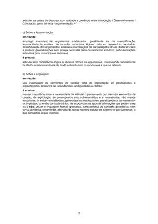 articular as partes do discurso, com unidade e coerência entre Introdução / Desenvolvimento /
Conclusão; ponto de vista / argumentação; ~ `


c) Sobre a Argumentação:
em vez de:
emprego exaustivo de argumentos cristalizados, geralmente os de exemplificação;
incapacidade de analisar, de formular raciocínios lógicos; falta ou desperdício de dados;
desarticulação dos argumentos; extensas enumerações de constatações óbvias (discurso vazio
e prolixo); generalizações sem provas concretas (erro no raciocínio indutivo); particularizações
indevidas (erro no raciocínio dedutivo)
é preciso:
articular com consistência lógica e eficácia retórica os argumentos, manipulando corretamente
os dados e relacionando-os de modo coerente com os raciocínios a que se referem;


d) Sobre a Linguagem:
em vez de:
uso inadequado de elementos de coesão; falta de explicitação de pressupostos e
subentendidos; presença de redundâncias, ambigüidades e clichês;
é preciso:
manter o equilíbrio entre a necessidade de articular o pensamento por meio dos elementos de
coesão, da explicitação de pressupostos e/ou subentendidos e a necessidade, não menos
importante, de evitar redundâncias; generalizar os interlocutores, pluralizando-os ou mantendo-
os implícitos, ou então particularizá-los, de acordo com os tipos de afirmações que pedem o eu
ou o nós; utilizar a linguagem formal, gramatical, característica do contexto dissertativo, sem
torná-la retórica, ornamental, alienada da nossa maneira natural de exprimir o que queremos, o
que pensamos, o que vivemos.




                                              52
 