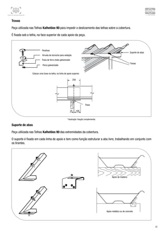 Centro de Treinamento Brasilit
27
Travas
Peça utilizada nas Telhas Kalhetões 90 para impedir o deslizamento das telhas sobre a cobertura.
É fixada sob a telha, na face superior de cada apoio da peça.
* Ilustração: fixação complementar.
Suporte de abas
Peça utilizada nas Telhas Kalhetões 90 das extremidades da cobertura.
O suporte é fixado em cada linha de apoio e tem como função estruturar a aba livre, trabalhando em conjunto com
os tirantes.
 