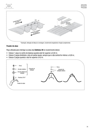 Centro de Treinamento Brasilit
29
* Ilustração: utilização de tábuas na montagem, recobrimento longitudinal e fixação complementar.
Fixador de abas
Peça utilizada para interligar as abas das Kalhetas 49 no recobrimento lateral.
•	 Colocar 1 peça no centro do balanço quando este for superior a 0,50 m;
•	 Colocar 2 peças dividindo o vão em partes iguais, sempre que o vão central for inferior a 4,00 m;
•	 Colocar 3 peças quando o vão for superior a 4,0 m.
 