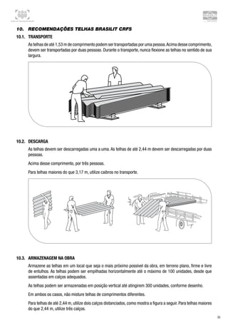 Centro de Treinamento Brasilit
33
10.	 Recomendações telhas Brasilit CRFS
10.1.	 Transporte
As telhas de até 1,53 m de comprimento podem ser transportadas por uma pessoa.Acima desse comprimento,
devem ser transportadas por duas pessoas. Durante o transporte, nunca flexione as telhas no sentido de sua
largura.
10.2.	 Descarga
As telhas devem ser descarregadas uma a uma. As telhas de até 2,44 m devem ser descarregadas por duas
pessoas.
Acima desse comprimento, por três pessoas.
Para telhas maiores do que 3,17 m, utilize caibros no transporte.
10.3.	 Armazenagem na obra
Armazene as telhas em um local que seja o mais próximo possível da obra, em terreno plano, firme e livre
de entulhos. As telhas podem ser empilhadas horizontalmente até o máximo de 100 unidades, desde que
assentadas em calços adequados.
As telhas podem ser armazenadas em posição vertical até atingirem 300 unidades, conforme desenho.
Em ambos os casos, não misture telhas de comprimentos diferentes.
Para telhas de até 2,44 m, utilize dois calços distanciados, como mostra a figura a seguir. Para telhas maiores
do que 2,44 m, utilize três calços.
 