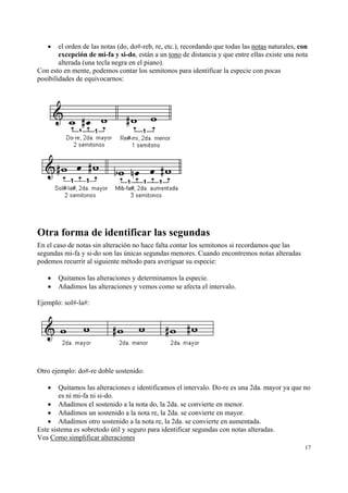•

el orden de las notas (do, do#-reb, re, etc.), recordando que todas las notas naturales, con
excepción de mi-fa y si-do, están a un tono de distancia y que entre ellas existe una nota
alterada (una tecla negra en el piano).
Con esto en mente, podemos contar los semitonos para identificar la especie con pocas
posibilidades de equivocarnos:

Otra forma de identificar las segundas
En el caso de notas sin alteración no hace falta contar los semitonos si recordamos que las
segundas mi-fa y si-do son las únicas segundas menores. Cuando encontremos notas alteradas
podemos recurrir al siguiente método para averiguar su especie:
•
•

Quitamos las alteraciones y determinamos la especie.
Añadimos las alteraciones y vemos como se afecta el intervalo.

Ejemplo: sol#-la#:

Otro ejemplo: do#-re doble sostenido:
•

Quitamos las alteraciones e identificamos el intervalo. Do-re es una 2da. mayor ya que no
es ni mi-fa ni si-do.
• Añadimos el sostenido a la nota do, la 2da. se convierte en menor.
• Añadimos un sostenido a la nota re, la 2da. se convierte en mayor.
• Añadimos otro sostenido a la nota re, la 2da. se convierte en aumentada.
Este sistema es sobretodo útil y seguro para identificar segundas con notas alteradas.
Vea Como simplificar alteraciones
17

 