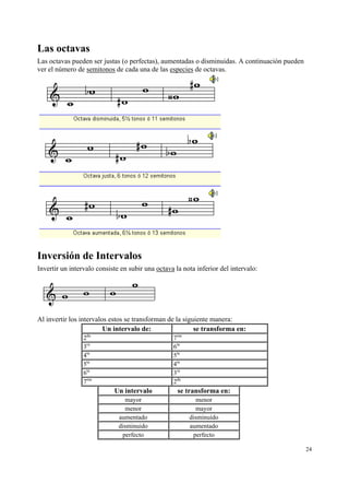 Las octavas
Las octavas pueden ser justas (o perfectas), aumentadas o disminuidas. A continuación pueden
ver el número de semitonos de cada una de las especies de octavas.

Inversión de Intervalos
Invertir un intervalo consiste en subir una octava la nota inferior del intervalo:

Al invertir los intervalos estos se transforman de la siguiente manera:
Un intervalo de:
se transforma en:
2da
3ra
4ta
5ta
6ta
7ma

7ma
6ta
5ta
4ta
3ra
2da

Un intervalo

se transforma en:

mayor
menor
aumentado
disminuido
perfecto

menor
mayor
disminuido
aumentado
perfecto
24

 