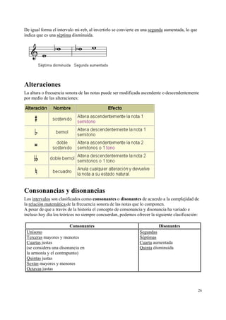 De igual forma el intervalo mi-reb, al invertirlo se convierte en una segunda aumentada, lo que
indica que es una séptima disminuida.

Alteraciones
La altura o frecuencia sonora de las notas puede ser modificada ascendente o descendentemente
por medio de las alteraciones:

Consonancias y disonancias
Los intervalos son clasificados como consonantes o disonantes de acuerdo a la complejidad de
la relación matemática de la frecuencia sonora de las notas que lo componen.
A pesar de que a través de la historia el concepto de consonancia y disonancia ha variado e
incluso hoy día los teóricos no siempre concuerdan, podemos ofrecer la siguiente clasificación:
Consonantes
Unísono
Terceras mayores y menores
Cuartas justas
(se considera una disonancia en
la armonía y el contrapunto)
Quintas justas
Sextas mayores y menores
Octavas justas

Disonantes
Segundas
Séptimas
Cuarta aumentada
Quinta disminuida

26

 