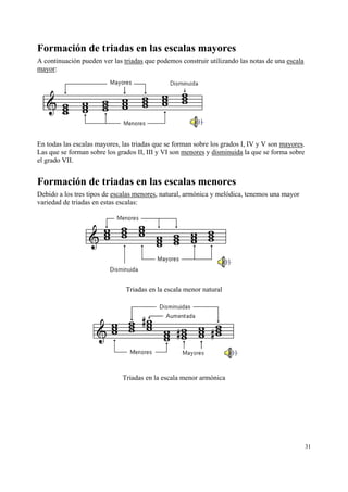 Formación de triadas en las escalas mayores
A continuación pueden ver las triadas que podemos construir utilizando las notas de una escala
mayor:

En todas las escalas mayores, las triadas que se forman sobre los grados I, IV y V son mayores.
Las que se forman sobre los grados II, III y VI son menores y disminuida la que se forma sobre
el grado VII.

Formación de triadas en las escalas menores
Debido a los tres tipos de escalas menores, natural, armónica y melódica, tenemos una mayor
variedad de triadas en estas escalas:

Triadas en la escala menor natural

Triadas en la escala menor armónica

31

 