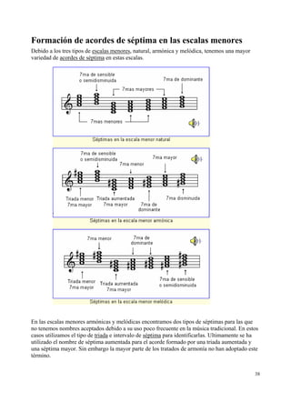 Formación de acordes de séptima en las escalas menores
Debido a los tres tipos de escalas menores, natural, armónica y melódica, tenemos una mayor
variedad de acordes de séptima en estas escalas.

En las escalas menores armónicas y melódicas encontramos dos tipos de séptimas para las que
no tenemos nombres aceptados debido a su uso poco frecuente en la música tradicional. En estos
casos utilizamos el tipo de triada e intervalo de séptima para identificarlas. Ultimamente se ha
utilizado el nombre de séptima aumentada para el acorde formado por una triada aumentada y
una séptima mayor. Sin embargo la mayor parte de los tratados de armonía no han adoptado este
término.
38

 