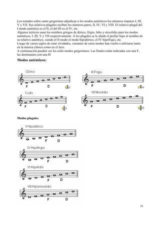 Los tratados sobre canto gregoriano adjudican a los modos auténticos los números impares I, III,
V y VII. Sus relativos plagales reciben los números pares, II, IV, VI y VIII. El relativo plagal del
I modo auténtico es el II, el del III es el IV, etc.
Algunos teóricos usan los nombres griegos de dórico, frigio, lidio y mixolidio para los modos
auténticos, I, III, V y VII respectivamente. A los plagales se le añade el prefijo hipo al nombre de
su relativo auténtico, siendo el II modo el modo hipodórico, el IV hipofrigio, etc.
Luego de varios siglos de estar olvidados, variantes de estos modos han vuelto a utilizarse tanto
en la música clásica como en el Jazz.
A continuación pueden ver los ocho modos gregorianos. Las finales están indicadas con una F,
las dominantes con una D.

Modos auténticos:

Modos plagales:

54

 