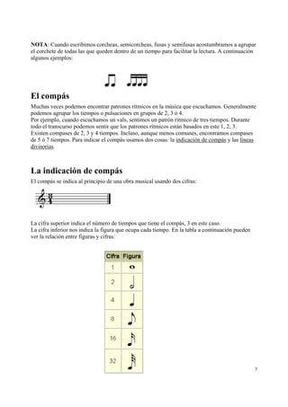 NOTA: Cuando escribimos corcheas, semicorcheas, fusas y semifusas acostumbramos a agrupar
el corchete de todas las que queden dentro de un tiempo para facilitar la lectura. A continuación
algunos ejemplos:

El compás
Muchas veces podemos encontrar patrones rítmicos en la música que escuchamos. Generalmente
podemos agrupar los tiempos o pulsaciones en grupos de 2, 3 ó 4.
Por ejemplo, cuando escuchamos un vals, sentimos un patrón rítmico de tres tiempos. Durante
todo el transcurso podemos sentir que los patrones rítmicos están basados en este 1, 2, 3.
Existen compases de 2, 3 y 4 tiempos. Incluso, aunque menos comunes, encontramos compases
de 5 ó 7 tiempos. Para indicar el compás usamos dos cosas: la indicación de compás y las líneas
divisorias.

La indicación de compás
El compás se indica al principio de una obra musical usando dos cifras:

La cifra superior indica el número de tiempos que tiene el compás, 3 en este caso.
La cifra inferior nos indica la figura que ocupa cada tiempo. En la tabla a continuación pueden
ver la relación entre figuras y cifras:

7

 