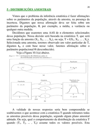 20
5 - DISTRIBUIÇÕES AMOSTRAIS
Vimos que o problema da inferência estatística é fazer afirmações
sobre os parâmetros da população, através da amostra, na presença da
incerteza. Digamos que nossa afirmação deva ser feita sobre um
parâmetro da população, θ, por exemplo, a média, a variância ou
qualquer outra medida.
Decidimos que usaremos uma AAS de n elementos selecionados
dessa população. Nossa decisão será baseada na estatística T, que será
uma função da amostra (X1, X2, ... , Xn), ou seja, T = f(X1, X2, ... , Xn).
Selecionada uma amostra, teremos observado um valor particular de T,
digamos to, e com base nesse valor, faremos afirmação sobre o
parâmetro populacional θ (desconhecido).
Veja a Figura 10.1(a) abaixo.
A validade de nossas respostas seria bem compreendida se
soubéssemos o que acontece com a estatística T quando retiramos todas
as amostras possíveis dessa população, segundo algum plano amostral
adotado. Ou seja, qual o comportamento da distribuição da estatística T
quando (T1, T2, ... , Tn) assume todos os valores possíveis. Esta
 