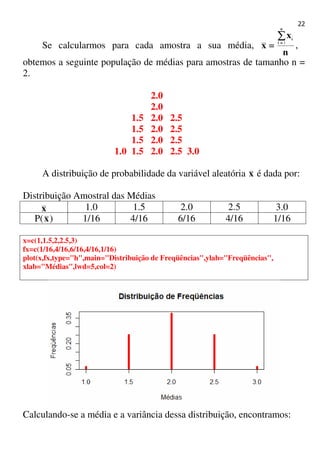 22
Se calcularmos para cada amostra a sua média,
n
x
x
n
i
i∑∑∑∑====
==== 1
,
obtemos a seguinte população de médias para amostras de tamanho n =
2.
2.0
2.0
1.5 2.0 2.5
1.5 2.0 2.5
1.5 2.0 2.5
1.0 1.5 2.0 2.5 3.0
A distribuição de probabilidade da variável aleatória x é dada por:
Distribuição Amostral das Médias
x 1.0 1.5 2.0 2.5 3.0
P(x) 1/16 4/16 6/16 4/16 1/16
x=c(1,1.5,2,2.5,3)
fx=c(1/16,4/16,6/16,4/16,1/16)
plot(x,fx,type="h",main="Distribuição de Freqüências",ylab="Freqüências",
xlab="Médias",lwd=5,col=2)
Calculando-se a média e a variância dessa distribuição, encontramos:
 