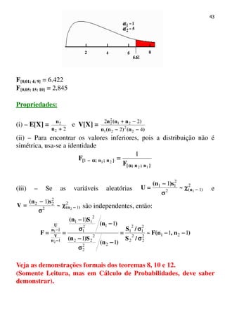 43
F{0,01; 4; 9} = 6.422
F{0,05; 15; 10} = 2,845
Propriedades:
(i) – E[X] =
22
2
++++n
n
e V[X] =
)n()n(n
)nn(n
42
22
2
2
21
21
2
2
−−−−−−−−
−−−−++++
(ii) – Para encontrar os valores inferiores, pois a distribuição não é
simétrica, usa-se a identidade
}n;n;{
}n;n;{
F
F
12
21
1
1
αααα
αααα−−−− ====
(iii) – Se as variáveis aleatórias
2
12
2
11
1
1
)n(~
s)n(
U −−−−χχχχ
σσσσ
−−−−
==== e
2
12
2
22
2
1
)n(~
s)n(
V −−−−χχχχ
σσσσ
−−−−
==== são independentes, então:
)n,n(F~
/S
/S
)n(
S)n(
)n(
S)n(
F
n
V
n
U
11
1
1
1
1
212
2
2
2
2
1
2
1
22
2
2
22
12
1
2
11
1
1
2
1
−−−−−−−−
σσσσ
σσσσ
====
−−−−
σσσσ
−−−−
−−−−
σσσσ
−−−−
========
−−−−
−−−−
Veja as demonstrações formais dos teoremas 8, 10 e 12.
(Somente Leitura, mas em Cálculo de Probabilidades, deve saber
demonstrar).
 