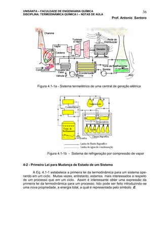UNISANTA – FACULDADE DE ENGENHARIA QUÍMICA
DISCIPLINA: TERMODINÂMICA QUÍMICA I – NOTAS DE AULA
Prof. Antonio Santoro
36
Figura 4.1-1a - Sistema termelétrico de uma central de geração elétrica
Figura 4.1-1b - Sistema de refrigeração por compressão de vapor
4-2 - Primeira Lei para Mudança de Estado de um Sistema
A Eq. 4.1-1 estabelece a primeira lei da termodinâmica para um sistema ope-
rando em um ciclo. Muitas vezes, entretanto, estamos mais interessados a respeito
de um processo que em um ciclo. Assim é interessante obter uma expressão da
primeira lei da termodinâmica para um processo. Isto pode ser feito introduzindo-se
uma nova propriedade, a energia total, a qual é representada pelo símbolo E.
 