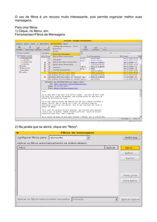 O uso de filtros é um recurso muito interessante, pois permite organizar melhor suas
mensagens.

Para criar filtros:
1) Clique, no Menu, em:
Ferramentas>Filtros de Mensagens




2) Na janela que se abrirá, clique em "Novo".
 