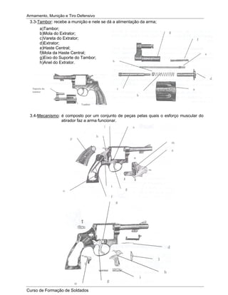 Armamento, Munição e Tiro Defensivo
Curso de Formação de Soldados
3.3-Tambor: recebe a munição e nele se dá a alimentação da arma;
a)Tambor;
b)Mola do Extrator;
c)Vareta do Extrator;
d)Extrator;
e)Haste Central;
f)Mola da Haste Central;
g)Eixo do Suporte do Tambor;
h)Anel do Extrator.
3.4-Mecanismo: é composto por um conjunto de peças pelas quais o esforço muscular do
atirador faz a arma funcionar.
 