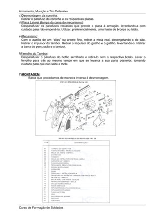 Armamento, Munição e Tiro Defensivo
Curso de Formação de Soldados
c)Desmontagem da coronha:
Retirar o parafuso da coronha e as respectivas placas.
d)Placa Lateral (tampa da caixa do mecanismo):
Desparafusar os parafusos restantes que prende a placa à armação, levantando-a com
cuidado para não empená-la. Utilizar, preferencialmente, uma haste de bronze ou latão.
e)Mecanismo:
Com o auxílio de um “clips” ou arame fino, retirar a mola real, desengatando-a do cão.
Retirar o impulsor do tambor. Retirar o impulsor do gatilho e o gatilho, levantando-o. Retirar
a barra de percussão e o tambor.
f)Ferrolho do Tambor:
Desparafusar o parafuso do botão serrilhado e retira-lo com o respectivo botão. Levar o
ferrolho para trás ao mesmo tempo em que se levanta a sua parte posterior, tomando
cuidado para que não salte a mola.
7)MONTAGEM
Basta que procedamos de maneira inversa à desmontagem.
 