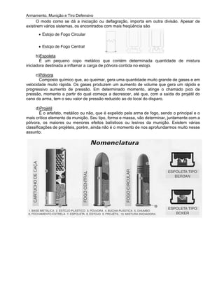 Armamento, Munição e Tiro Defensivo
existirem vários sistemas, os encontrados com mais freqüência são
iniciadora destinada a inflamar a carga de pólvora contida no estojo.
velocidade muito rápida. Os gases produzem um aumento de volume que gera um rápido e
progressivo aumento de pressão. Em determinado momento, atinge o chamado pico de
pressão, momento a partir do qual começa a decrescer, até que, com a saíd
cano da arma, tem o seu valor de pressão reduzido ao do local do disparo.
mais crítico elemento da munição. Seu tipo, forma e massa, vão d
pólvora, os maiores ou menores efeitos balísticos ou lesivos da munição. Existem várias
classificações de projéteis, porém, ainda não é o momento de nos aprofundarmos muito nesse
assunto.
Armamento, Munição e Tiro Defensivo
O modo como se dá a iniciação ou deflagração, importa em outra divisão. Apesar de
existirem vários sistemas, os encontrados com mais freqüência são
Estojo de Fogo Circular
Estojo de Fogo Central
b)Espoleta
É um pequeno copo metálico que contém determinada quantidade de mistura
iniciadora destinada a inflamar a carga de pólvora contida no estojo.
c)Pólvora
Composto químico que, ao queimar, gera uma quantidade muito gran
velocidade muito rápida. Os gases produzem um aumento de volume que gera um rápido e
progressivo aumento de pressão. Em determinado momento, atinge o chamado pico de
pressão, momento a partir do qual começa a decrescer, até que, com a saíd
cano da arma, tem o seu valor de pressão reduzido ao do local do disparo.
d)Projétil
É o artefato, metálico ou não, que é expelido pela arma de fogo, sendo o principal e o
mais crítico elemento da munição. Seu tipo, forma e massa, vão d
pólvora, os maiores ou menores efeitos balísticos ou lesivos da munição. Existem várias
classificações de projéteis, porém, ainda não é o momento de nos aprofundarmos muito nesse
assunto.
Armamento, Munição e Tiro Defensivo
O modo como se dá a iniciação ou deflagração, importa em outra divisão. Apesar de
existirem vários sistemas, os encontrados com mais freqüência são
Estojo de Fogo Circular
Estojo de Fogo Central
Espoleta
É um pequeno copo metálico que contém determinada quantidade de mistura
iniciadora destinada a inflamar a carga de pólvora contida no estojo.
Pólvora
Composto químico que, ao queimar, gera uma quantidade muito gran
velocidade muito rápida. Os gases produzem um aumento de volume que gera um rápido e
progressivo aumento de pressão. Em determinado momento, atinge o chamado pico de
pressão, momento a partir do qual começa a decrescer, até que, com a saíd
cano da arma, tem o seu valor de pressão reduzido ao do local do disparo.
Projétil
É o artefato, metálico ou não, que é expelido pela arma de fogo, sendo o principal e o
mais crítico elemento da munição. Seu tipo, forma e massa, vão d
pólvora, os maiores ou menores efeitos balísticos ou lesivos da munição. Existem várias
classificações de projéteis, porém, ainda não é o momento de nos aprofundarmos muito nesse
Armamento, Munição e Tiro Defensivo
O modo como se dá a iniciação ou deflagração, importa em outra divisão. Apesar de
existirem vários sistemas, os encontrados com mais freqüência são
Estojo de Fogo Circular
Estojo de Fogo Central
É um pequeno copo metálico que contém determinada quantidade de mistura
iniciadora destinada a inflamar a carga de pólvora contida no estojo.
Composto químico que, ao queimar, gera uma quantidade muito gran
velocidade muito rápida. Os gases produzem um aumento de volume que gera um rápido e
progressivo aumento de pressão. Em determinado momento, atinge o chamado pico de
pressão, momento a partir do qual começa a decrescer, até que, com a saíd
cano da arma, tem o seu valor de pressão reduzido ao do local do disparo.
É o artefato, metálico ou não, que é expelido pela arma de fogo, sendo o principal e o
mais crítico elemento da munição. Seu tipo, forma e massa, vão d
pólvora, os maiores ou menores efeitos balísticos ou lesivos da munição. Existem várias
classificações de projéteis, porém, ainda não é o momento de nos aprofundarmos muito nesse
Armamento, Munição e Tiro Defensivo
O modo como se dá a iniciação ou deflagração, importa em outra divisão. Apesar de
existirem vários sistemas, os encontrados com mais freqüência são
É um pequeno copo metálico que contém determinada quantidade de mistura
iniciadora destinada a inflamar a carga de pólvora contida no estojo.
Composto químico que, ao queimar, gera uma quantidade muito gran
velocidade muito rápida. Os gases produzem um aumento de volume que gera um rápido e
progressivo aumento de pressão. Em determinado momento, atinge o chamado pico de
pressão, momento a partir do qual começa a decrescer, até que, com a saíd
cano da arma, tem o seu valor de pressão reduzido ao do local do disparo.
É o artefato, metálico ou não, que é expelido pela arma de fogo, sendo o principal e o
mais crítico elemento da munição. Seu tipo, forma e massa, vão d
pólvora, os maiores ou menores efeitos balísticos ou lesivos da munição. Existem várias
classificações de projéteis, porém, ainda não é o momento de nos aprofundarmos muito nesse
O modo como se dá a iniciação ou deflagração, importa em outra divisão. Apesar de
existirem vários sistemas, os encontrados com mais freqüência são
É um pequeno copo metálico que contém determinada quantidade de mistura
iniciadora destinada a inflamar a carga de pólvora contida no estojo.
Composto químico que, ao queimar, gera uma quantidade muito gran
velocidade muito rápida. Os gases produzem um aumento de volume que gera um rápido e
progressivo aumento de pressão. Em determinado momento, atinge o chamado pico de
pressão, momento a partir do qual começa a decrescer, até que, com a saíd
cano da arma, tem o seu valor de pressão reduzido ao do local do disparo.
É o artefato, metálico ou não, que é expelido pela arma de fogo, sendo o principal e o
mais crítico elemento da munição. Seu tipo, forma e massa, vão d
pólvora, os maiores ou menores efeitos balísticos ou lesivos da munição. Existem várias
classificações de projéteis, porém, ainda não é o momento de nos aprofundarmos muito nesse
O modo como se dá a iniciação ou deflagração, importa em outra divisão. Apesar de
existirem vários sistemas, os encontrados com mais freqüência são
É um pequeno copo metálico que contém determinada quantidade de mistura
iniciadora destinada a inflamar a carga de pólvora contida no estojo.
Composto químico que, ao queimar, gera uma quantidade muito gran
velocidade muito rápida. Os gases produzem um aumento de volume que gera um rápido e
progressivo aumento de pressão. Em determinado momento, atinge o chamado pico de
pressão, momento a partir do qual começa a decrescer, até que, com a saíd
cano da arma, tem o seu valor de pressão reduzido ao do local do disparo.
É o artefato, metálico ou não, que é expelido pela arma de fogo, sendo o principal e o
mais crítico elemento da munição. Seu tipo, forma e massa, vão determinar, juntamente com a
pólvora, os maiores ou menores efeitos balísticos ou lesivos da munição. Existem várias
classificações de projéteis, porém, ainda não é o momento de nos aprofundarmos muito nesse
O modo como se dá a iniciação ou deflagração, importa em outra divisão. Apesar de
existirem vários sistemas, os encontrados com mais freqüência são:
É um pequeno copo metálico que contém determinada quantidade de mistura
iniciadora destinada a inflamar a carga de pólvora contida no estojo.
Composto químico que, ao queimar, gera uma quantidade muito grande de gases e em
velocidade muito rápida. Os gases produzem um aumento de volume que gera um rápido e
progressivo aumento de pressão. Em determinado momento, atinge o chamado pico de
pressão, momento a partir do qual começa a decrescer, até que, com a saíd
cano da arma, tem o seu valor de pressão reduzido ao do local do disparo.
É o artefato, metálico ou não, que é expelido pela arma de fogo, sendo o principal e o
eterminar, juntamente com a
pólvora, os maiores ou menores efeitos balísticos ou lesivos da munição. Existem várias
classificações de projéteis, porém, ainda não é o momento de nos aprofundarmos muito nesse
O modo como se dá a iniciação ou deflagração, importa em outra divisão. Apesar de
É um pequeno copo metálico que contém determinada quantidade de mistura
de de gases e em
velocidade muito rápida. Os gases produzem um aumento de volume que gera um rápido e
progressivo aumento de pressão. Em determinado momento, atinge o chamado pico de
pressão, momento a partir do qual começa a decrescer, até que, com a saída do projétil do
É o artefato, metálico ou não, que é expelido pela arma de fogo, sendo o principal e o
eterminar, juntamente com a
pólvora, os maiores ou menores efeitos balísticos ou lesivos da munição. Existem várias
classificações de projéteis, porém, ainda não é o momento de nos aprofundarmos muito nesse
O modo como se dá a iniciação ou deflagração, importa em outra divisão. Apesar de
É um pequeno copo metálico que contém determinada quantidade de mistura
de de gases e em
velocidade muito rápida. Os gases produzem um aumento de volume que gera um rápido e
progressivo aumento de pressão. Em determinado momento, atinge o chamado pico de
a do projétil do
É o artefato, metálico ou não, que é expelido pela arma de fogo, sendo o principal e o
eterminar, juntamente com a
pólvora, os maiores ou menores efeitos balísticos ou lesivos da munição. Existem várias
classificações de projéteis, porém, ainda não é o momento de nos aprofundarmos muito nesse
 