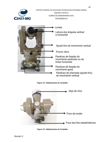 22
CENTRO FEDERAL DE EDUCAÇÃO TECNOLÓGICA DE MINAS GERAIS
UNIDADE CURVELO
CURSO DE ENGENHARIA CIVIL
TOPOGRAFIA II
Revisão: 0
Figura 18 - Detalhamento do Teodolito
Figura 19 - Detalhamento do Teodolito
Foco da luneta
Foco dos fios estadimétricos
Alça de mira
Luneta
Leitura dos ângulos vertical
e horizontal
Ajuste fino do movimento vertical
Prumo ótico
Parafuso de fixação do
movimento particular ou do
limbo horizontal
Parafuso de fixação do
movimento geral
Parafuso de chamada (ajuste fino)
do movimento vertical
 