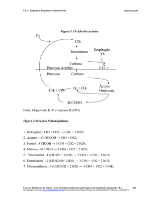 EEA – Empresa de Engenharia Ambiental Ltda.                                                                     eea@eea.eng.br




                                         Figura 1. O ciclo do carbono
             O2
                                                         CO2

                                                                              Respiração
                                                    fotossíntese
                                                                                  O2

                                        Carbono
                          Processo Aeróbio                                           CO2 +
                          Processo                   Carbono


                                                                                     Ácidos
                                                       H2 + CO2
                            CH4 + CO2                                                Orgânicos,


                                                 H3COOH

Fonte: Chynoweth, D. P. e Isaacson R.(1987).


Figura 2. Reações Metanogênicas.


1. Hidrogênio: 4 H2 + CO2 → CH4 + 2 H2O;
2. Acetato : 4 CH3COOH → CH4 + CO2;
3. Formol : 4 CH3OH → 3 CH4 + CO2 + 2 H2O;
4. Metamos: 4 CH3OH → 3 CH4 + CO2 + 2 H2O;
5. Trimetilanina : 4 (CH3)3N + 6 H2O → 9 CH4 + 3 CO2 + 4 NH3;
6. Dimetilanina : 2 (CH3)2NH+ 2 H2O → 3 CH4 + CO2 + 2 NH3;
7. Monometilanina : 4 (CH3)NH2 + 2 H2O → 3 CH4 + CO2 + 4 NH3.




Curso de Tratamento de Esgoto – texto oferecido gratuitamente pela Empresa de Engenharia Ambiental - EEA                 202
Divulgação neste site (www.comitepcj.sp.gov.br) por iniciativa da Câmara Técnica de Saneamento (CT-SA) dos Comitês PCJ
 