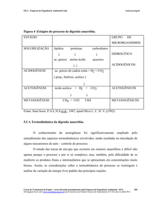 EEA – Empresa de Engenharia Ambiental Ltda.                                                                     eea@eea.eng.br




Figura 4 :Estágios do processo de digestão anaeróbia.
ESTÁGIO                                                                                          GRUPO            DE
                                                                                                 MICRORGANISMOS
SOLUBILIZAÇÃO                    lipídios          proteínas                carboidratos
                                      ↓                ↓                       ↓                 HIDROLÍTICO
                                 ac. graxos amino ácido                     açucares
                                                       ↓↓                                        ACIDOGÊNICOS
ACIDOGÊNESE                       ac. graxos de cadeia curta + H2 + CO2

                                 ( prop., butírico, acético )

                                                                 ↓
ACETOGÊNESE                       ácido acético         + H2         +    CO2                    ACETOGÊNICOS

                                                   ↓                 ↓
METANOGÊNESE                               CH4 + CO2               CH4                           METANOGÊNICOS


Fonte: Sam-Soon, P.A.L.N.S.et al., 1987, apud Oliva L. C. H. V.,(1992).


5.2 A Termodinâmica da digestão anaeróbia.


          O conhecimento da                   acetogênese         foi     significativamente           ampliado          pelo
entendimento dos aspectos termodinâmicos envolvidos, tendo resultado na elucidação de
alguns mecanismos de auto – controle do processo.
          O estudo das trocas de ene rgia que ocorrem em reatores anaeróbios é difícil não
apenas porque o processo e por si só complexo; mas, também, pela dificuldade de se
medirem os produtos finais e intermediários que se apresentam em concentrações muito
baixas. Assim, as considerações sobre a termodinâmica do processo se restringem à
análise da variação da energia livre padrão das principais reações.




Curso de Tratamento de Esgoto – texto oferecido gratuitamente pela Empresa de Engenharia Ambiental - EEA                  204
Divulgação neste site (www.comitepcj.sp.gov.br) por iniciativa da Câmara Técnica de Saneamento (CT-SA) dos Comitês PCJ
 