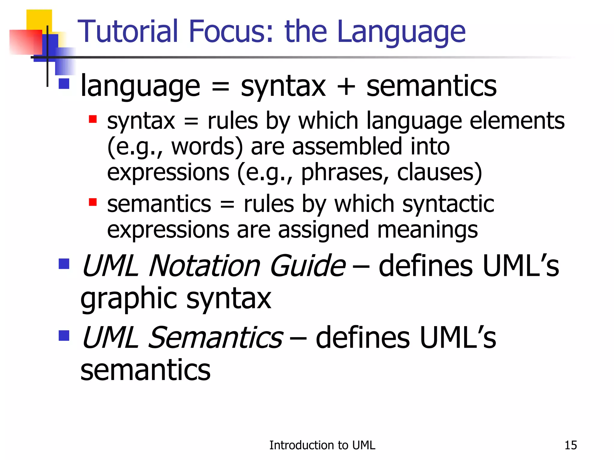 Tutorial Focus: the Language language = syntax + semantics syntax = rules by which language elements (e.g., words) are assembled into expressions (e.g., phrases, clauses) semantics = rules by which syntactic expressions are assigned meanings UML Notation Guide  – defines UML’s graphic syntax UML Semantics  – defines UML’s semantics 