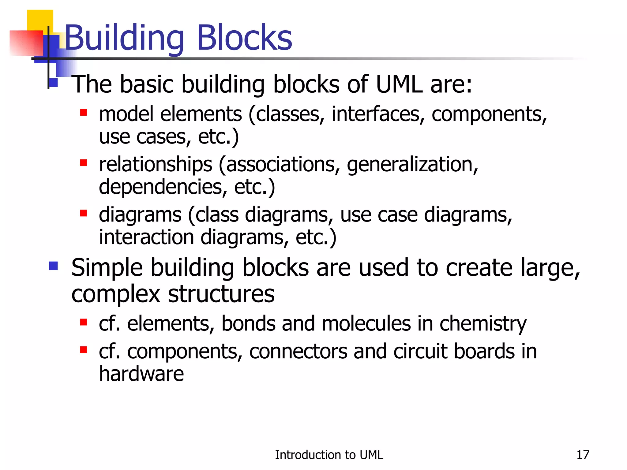 The basic building blocks of UML are: model elements (classes, interfaces, components, use cases, etc.) relationships (associations, generalization, dependencies, etc.) diagrams (class diagrams, use case diagrams, interaction diagrams, etc.) Simple building blocks are used to create large, complex structures cf. elements, bonds and molecules in chemistry cf. components, connectors and circuit boards in hardware Building Blocks 