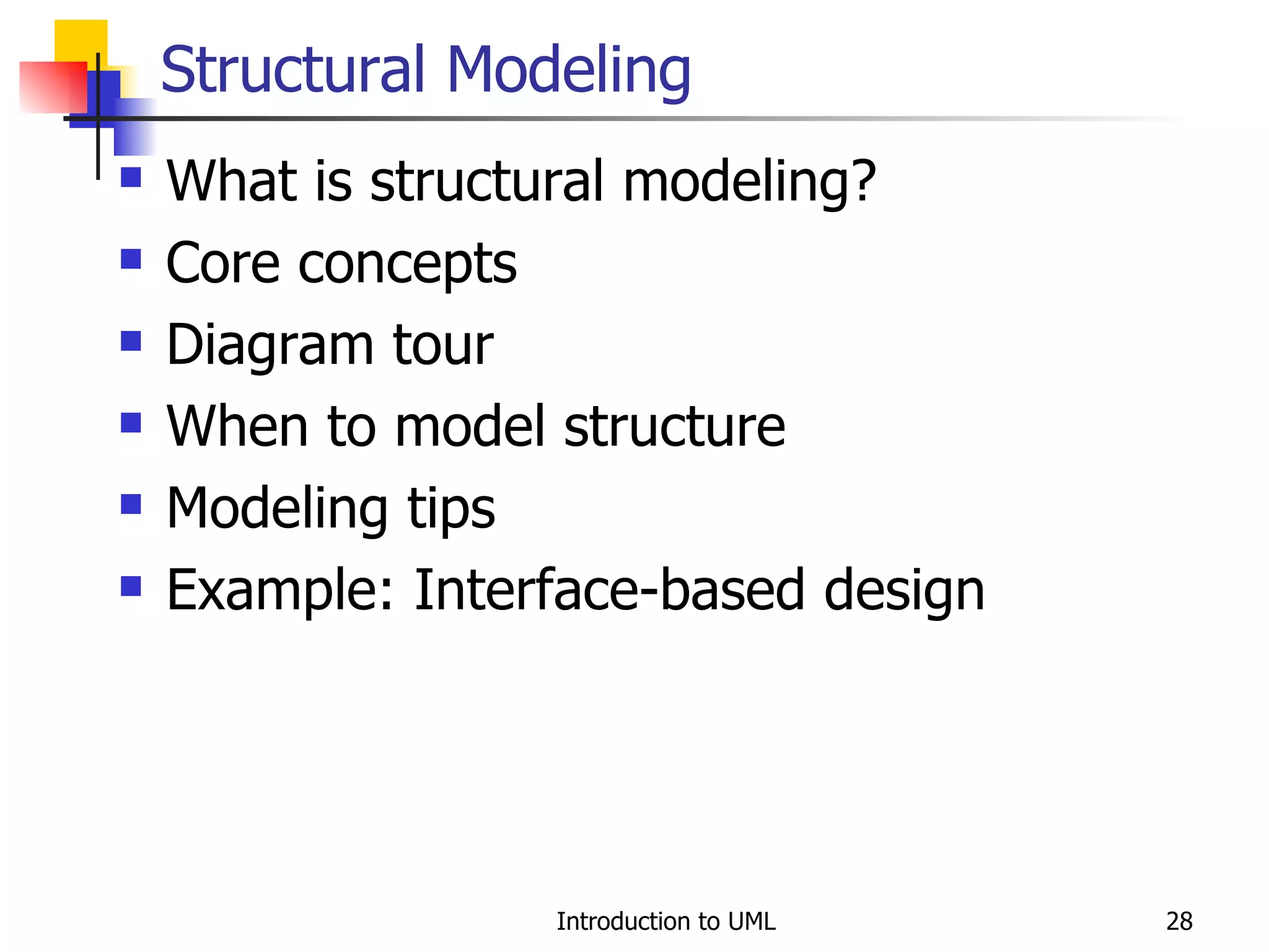 Structural Modeling What is structural modeling? Core concepts Diagram tour When to model structure Modeling tips Example: Interface-based design 